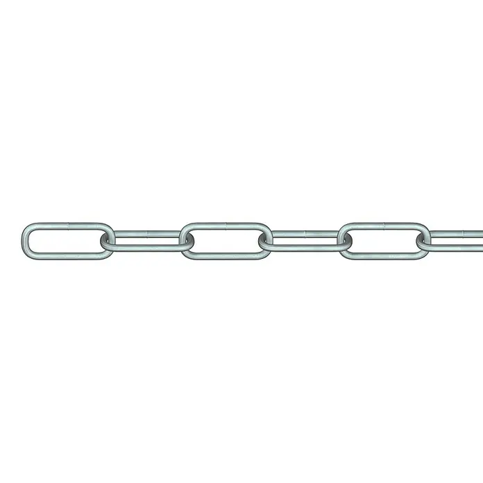 Stabilit Rundstahlkette Meterware - 4 mm, Stahl, Feuerverzinkt, C-Form - Nahaufnahme einer glänzenden silbernen Metallkette mit länglichen Gliedern auf schwarzem Hintergrund.