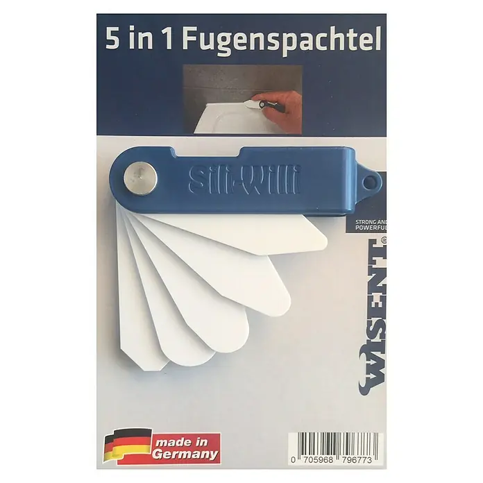 Wisent Fugenglätter Sili-Willi 5 in 1 - Kunststoff - Das Bild zeigt ein 5-in-1 Fugenwerkzeug "Sill-Willi" auf einer Produktverpackung mit einer Abbildung der Anwendung und dem Herkunftsland Deutschland.