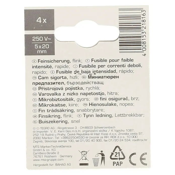 Profi Depot Feinsicherung - F - Flink, 2,5 A, 4 Stk. - Bild einer Verpackung mit vier Feinsicherungen, flink, 250V~, 5x20mm, mit verschiedenen Sprachübersetzungen und Recyclinghinweisen.