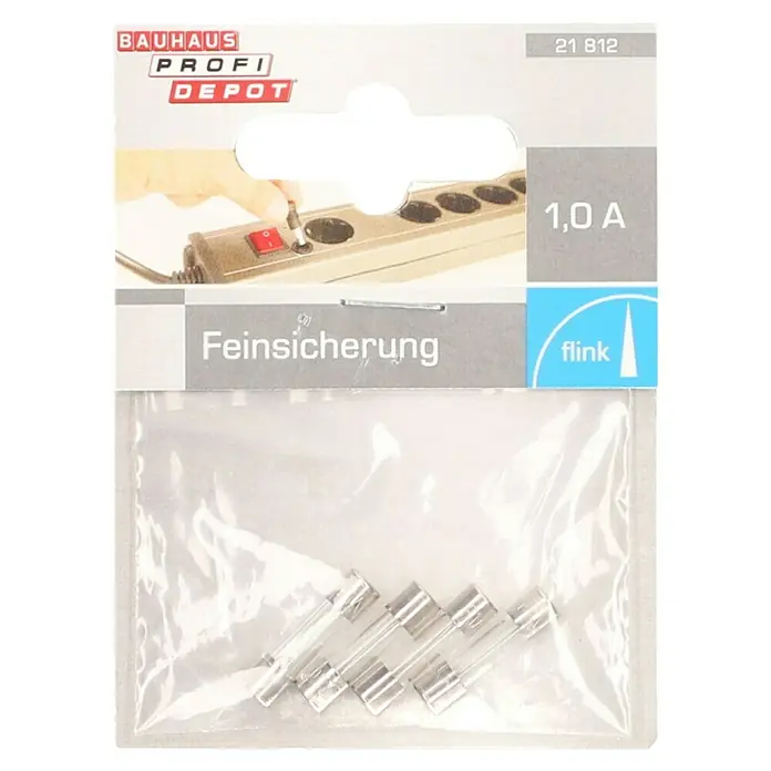 Profi Depot Feinsicherung - F - Flink, 1 A, 4 Stk. - Fein­sicherungen 1,0 A von BAUHAUS Profi Depot: In der Packung befinden sich mehrere zylinderförmige Schmelzsicherungen mit silbernen Enden.