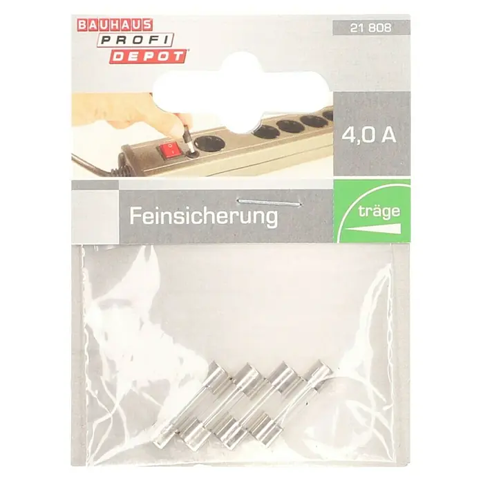 Profi Depot Feinsicherung - T - Träge, 4 A, 4 Stk. - Bild einer Verpackung mit Feinsicherungen (4,0 A) der Marke Bauhaus Profi Depot, ideal für den Einsatz in elektronischen Geräten.