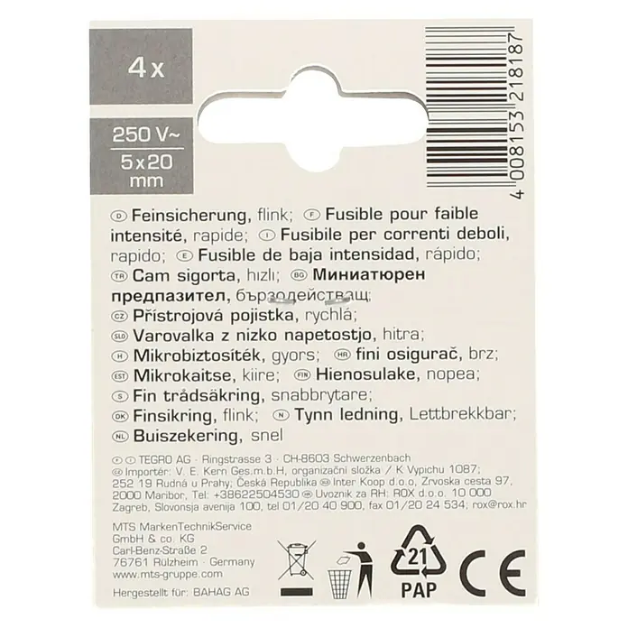Profi Depot Feinsicherung - F - Flink, 4 A, 4 Stk. - Produktverpackung mit vier Feinsicherungen, flink, 250V~, 5x20mm, für schnellen Schutz vor Überlastung und Kurzschlüssen.