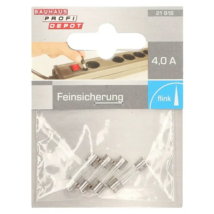 Profi Depot Feinsicherung - F - Flink, 4 A, 4 Stk. - Feinsicherungen 4,0 A von Bauhaus Profi Depot in einer durchsichtigen Verpackung. Die Sicherungen sind für den Einsatz in Elektrogeräten vorgesehen.