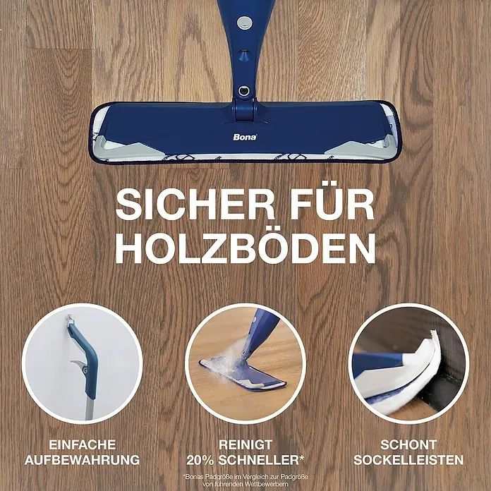 Bona Spray Mop Premium für Holzfußböden - Mikrofaser, 1 x Bona Spray Mop, 1 x Bona Spray Mop Refiller (Kartusche), 1 x Bona Mikrofaser-Reinigungspad - Bona Wischmopp für Holzböden mit Funktionen wie einfacher Aufbewahrung, schneller Reinigung und Schutz der Sockelleisten.