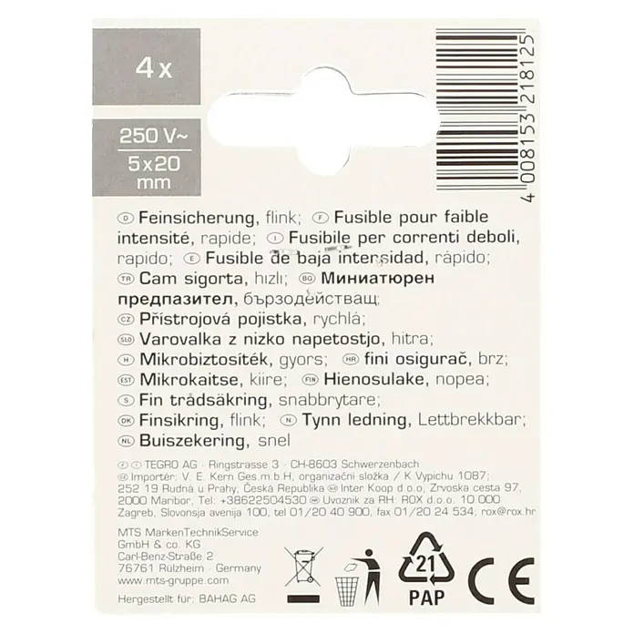 Profi Depot Feinsicherung - F - Flink, 1 A, 4 Stk. - Produktverpackung mit der Aufschrift 4x 250V~ 5x20 mm und Sicherheitshinweisen in verschiedenen Sprachen.
