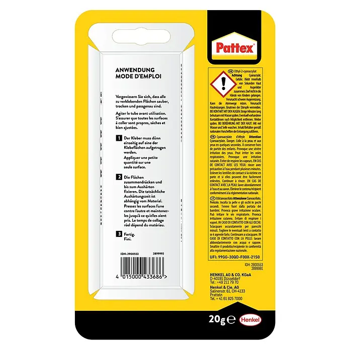 Pattex Alleskleber 60 sec. - 20 g, Gelartig, Gebrauchsfertig - Bild der Pattex Sekundenkleber-Verpackung mit Anwendungshinweisen, Warnungen und Herstellerinformationen für schnelles Kleben.