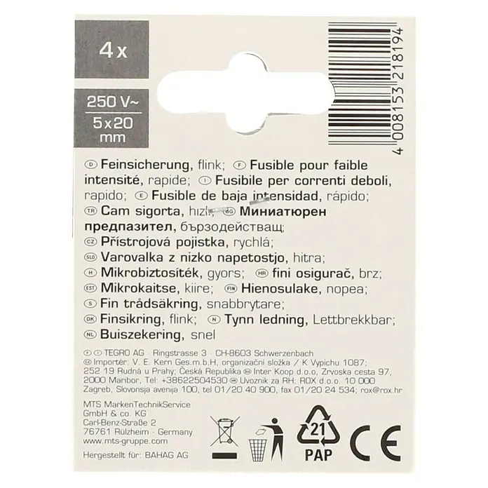 Profi Depot Feinsicherung - F - Flink, 6,3 A, 4 Stk. - Produktverpackung mit Informationen zu 4 Sicherungen, 250 V~, 5x20 mm, inklusive Herstellerangaben und Recyclinghinweisen.