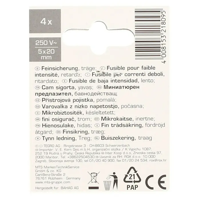 Profi Depot Feinsicherung - T - Träge, 6,3 A, 4 Stk. - Verpackung mit 4 Stück 250V~ 5x20mm trägen Feinsicherungen, ideal zum Schutz empfindlicher Elektronik vor Überlastung.