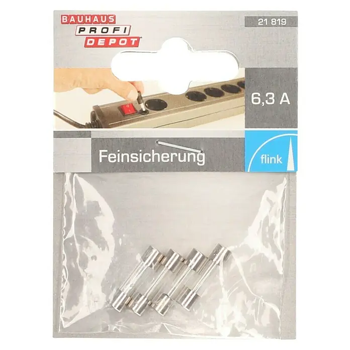 Profi Depot Feinsicherung - F - Flink, 6,3 A, 4 Stk. - Produktbild einer Packung Feinsicherungen 6,3 A von Bauhaus Profi Depot, verpackt in einer transparenten Plastikverpackung mit Kartonaufhänger.