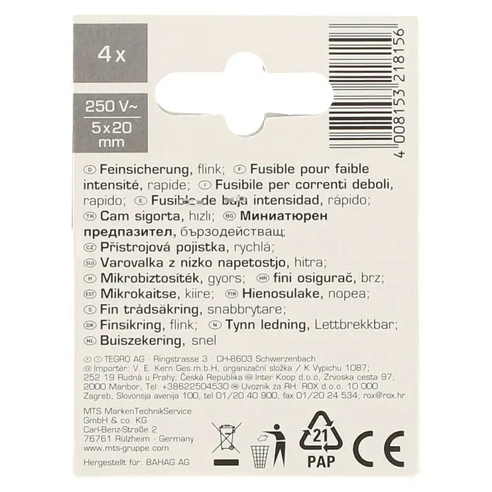 Profi Depot Feinsicherung - F - Flink, 2 A, 4 Stk. - Bild einer Verpackung für 4 Stück 250V~ 5x20 mm Feinsicherungen, die schnelles Ansprechen und Schutz vor Überlastung bieten.