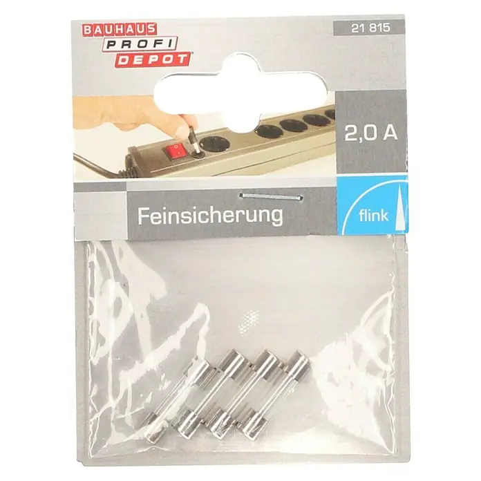 Profi Depot Feinsicherung - F - Flink, 2 A, 4 Stk. - Ein Paket mit Feinsicherungen 2,0 A von Bauhaus Profi Depot. Die Sicherungen sind in einer durchsichtigen Plastikverpackung verpackt.