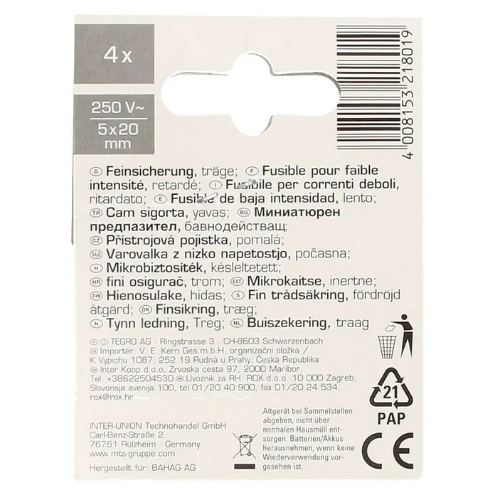 Profi Depot Feinsicherung - T - Träge, 0,8 A, 4 Stk. - Packung mit vier trägen Feinsicherungen, 250V, 5x20mm, für Geräteschutz. Sichere Stromkreise mit zuverlässigen Sicherungseinsätzen.