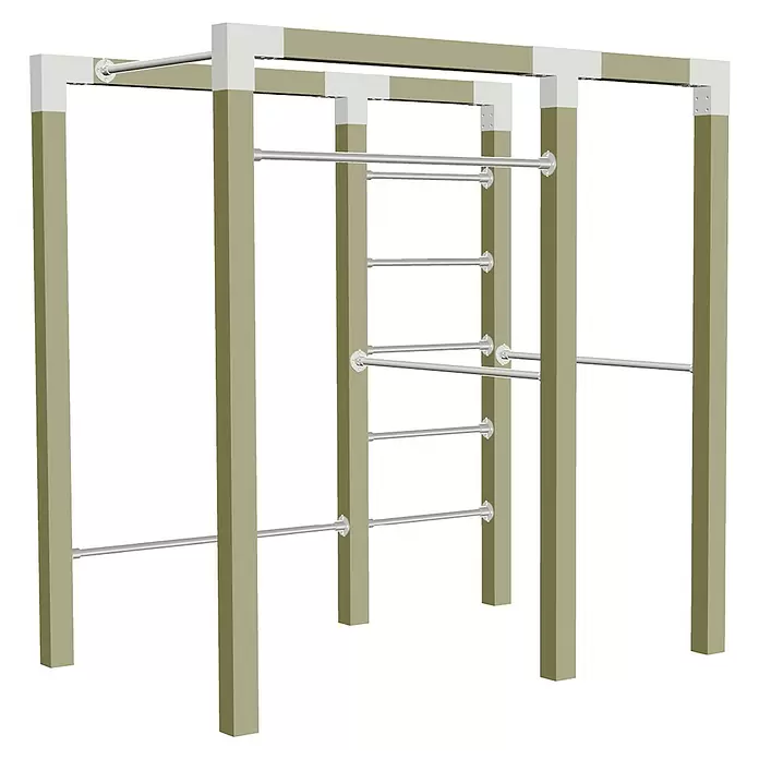 Klettergerüst - 210 x 138 x 220 cm, Holz, Natur - Outdoor-Calisthenics-Gerät mit khakifarbenen Pfosten, weißen Verbindern und silbernen Klimmzugstangen.
