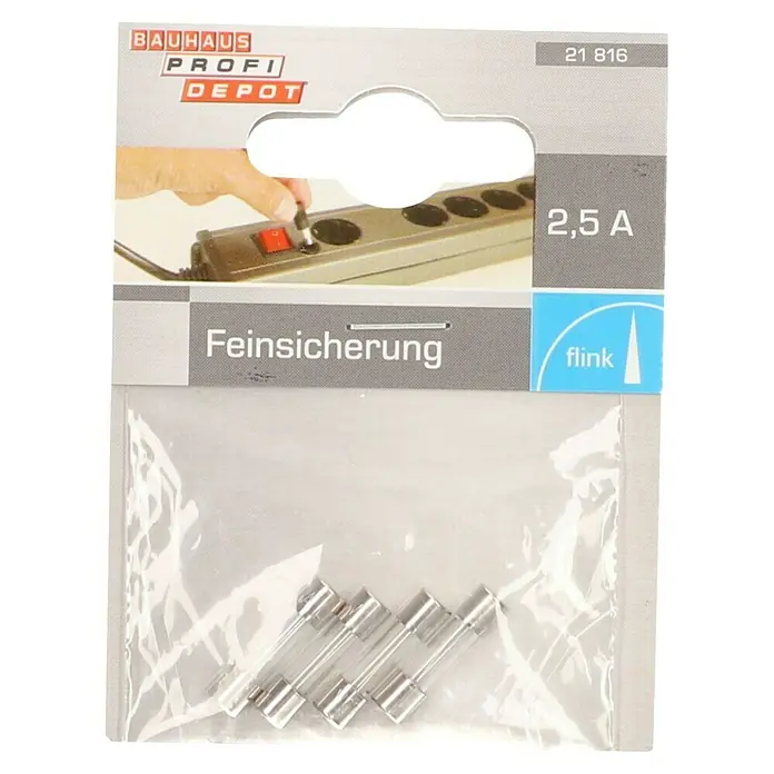 Profi Depot Feinsicherung - F - Flink, 2,5 A, 4 Stk. - Nahaufnahme einer Verpackung mit 2,5A Feinsicherungen von Bauhaus Profi Depot.