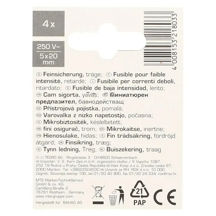 Profi Depot Feinsicherung - T - Träge, 1,25 A, 4 Stk. - Bild einer Verpackung mit vier trägen Feinsicherungen (250V~, 5x20mm) mit Herstellerinformationen und Recyclinghinweisen.