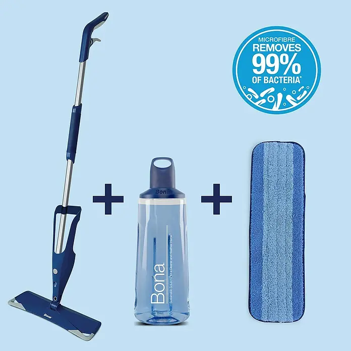 Bona Spray Mop Premium für Holzfußböden - Mikrofaser, 1 x Bona Spray Mop, 1 x Bona Spray Mop Refiller (Kartusche), 1 x Bona Mikrofaser-Reinigungspad - Abbildung eines Bona Bodenreinigungssets, inklusive Sprühmopp, Reinigerflasche und Mikrofaser-Reinigungspad für eine effektive und hygienische Reinigung.