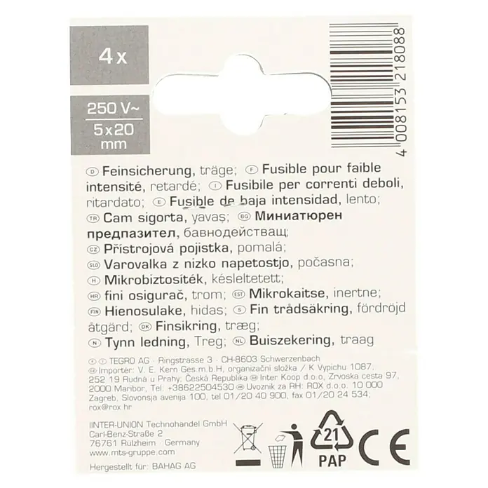 Profi Depot Feinsicherung - T - Träge, 4 A, 4 Stk. - Bild einer Verpackungseinheit mit 4 trägen Feinsicherungen 250V~ 5x20mm.