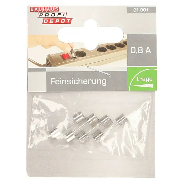 Profi Depot Feinsicherung - T - Träge, 0,8 A, 4 Stk. - Eine Packung Feinsicherungen 0,8 A von Bauhaus Profi Depot. Die Sicherungen befinden sich in einer transparenten Plastikverpackung.