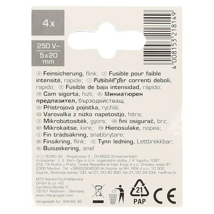 Profi Depot Feinsicherung - F - Flink, 1,6 A, 4 Stk. - Verpackung mit vier Feinsicherungen 250 V~ 5x20 mm, ideal für schnelles und zuverlässiges Absichern elektronischer Geräte.