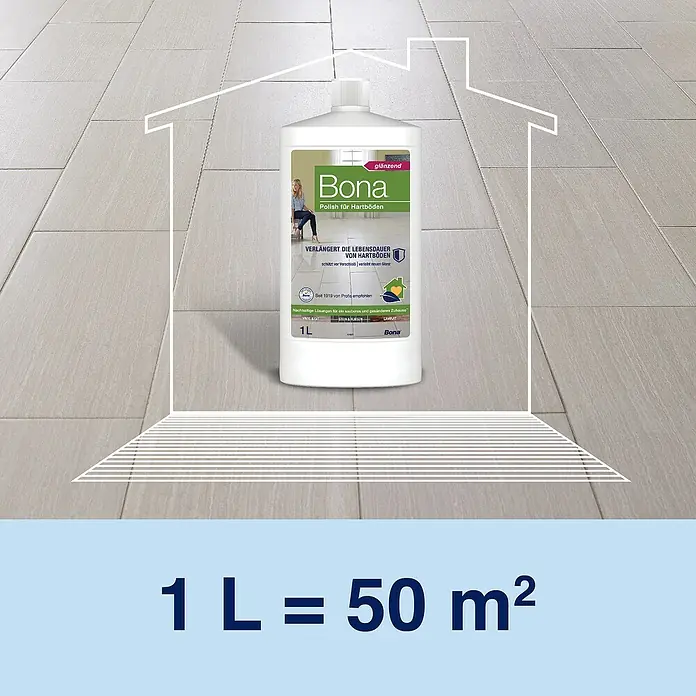 Bona Pflegemittel Stein, Fliesen & Laminat Polish - 1 l - Produktbild von Bona Polish für Hartböden, einem Glanzreiniger, der die Lebensdauer von Hartböden verlängert, mit Hausumriss und Flächenangabe.