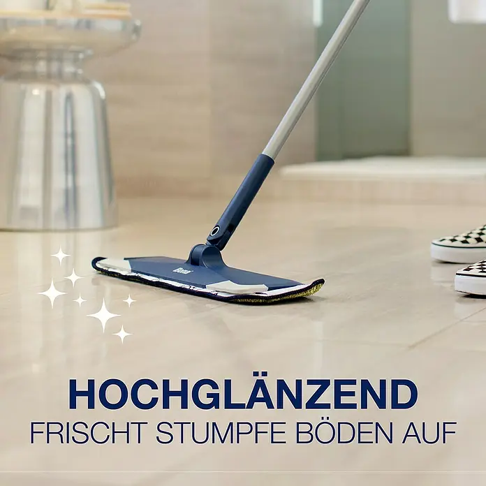 Bona Pflegemittel Stein, Fliesen & Laminat Polish - 1 l - Bild eines blauen Bodenreinigers, der einen glänzenden Boden reinigt.