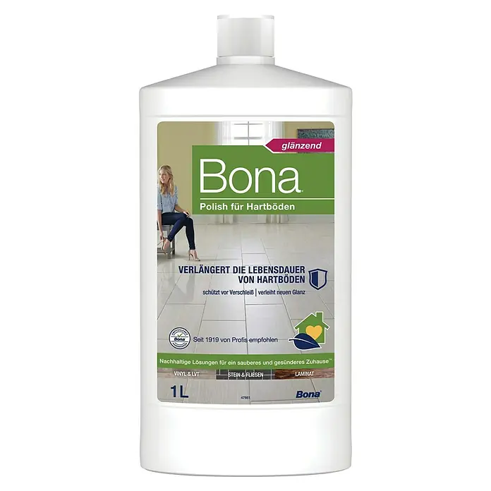 Bona Pflegemittel Stein, Fliesen & Laminat Polish - 1 l - Produktbild von Bona Polish für Hartböden, 1L Flasche, für glänzende und langlebige Hartböden.