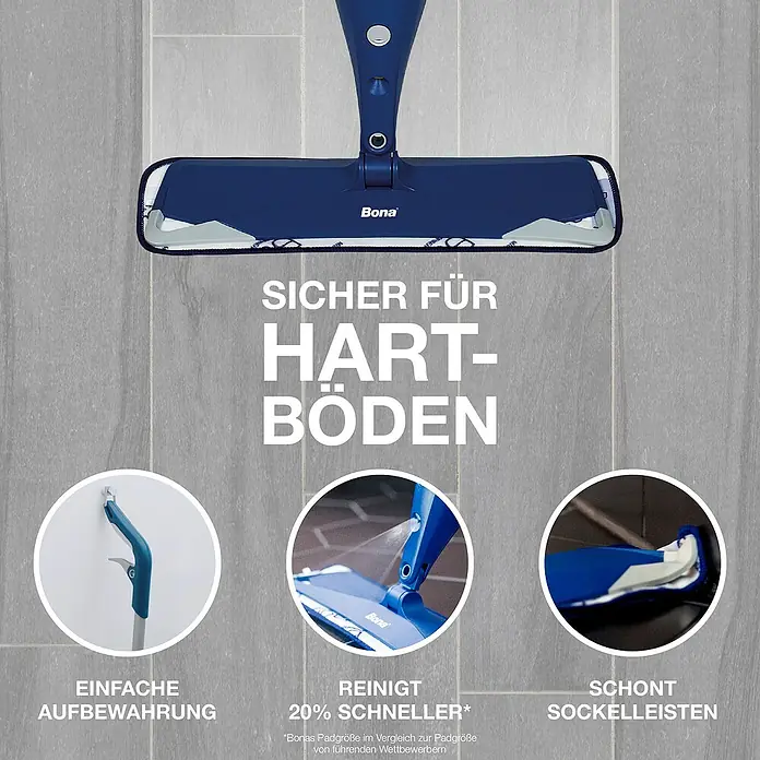 Bona Spray Mop Premium für Fliesen- und Laminatböden - Mikrofaser, 1 x Bona Spray Mop, 1 x Bona Spray Mop Refiller (Kartusche), 1 x Bona Mikrofaser-Reinigungspad - Das Bild zeigt den Bona Wischmopp, der sicher für Hartböden ist und eine einfache Aufbewahrung sowie schnelles Reinigen ermöglicht.