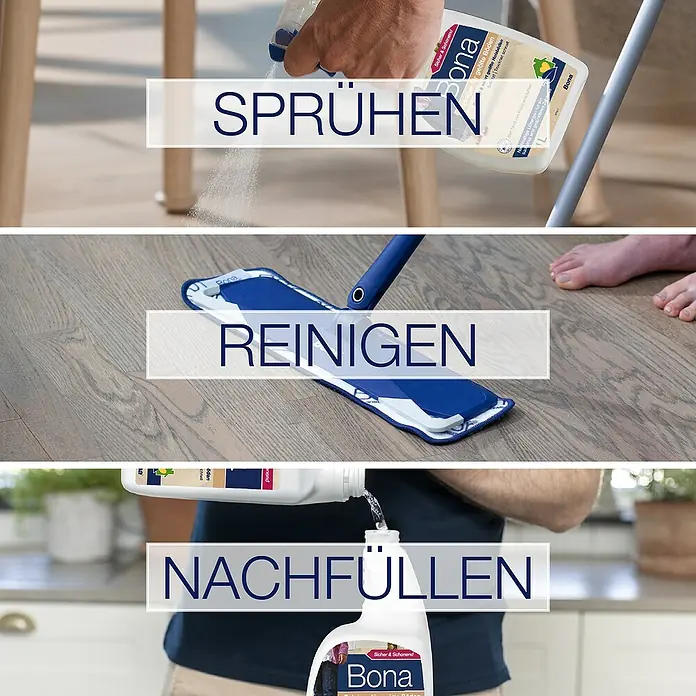 Bona Bodenreiniger Reiniger für geölte Böden - 1 l, Flasche mit Sprühkopf - Eine dreiteilige Bildmontage zur Verwendung von Bona-Reinigungsprodukten: Sprühen, Reinigen und Nachfüllen für die Bodenpflege.