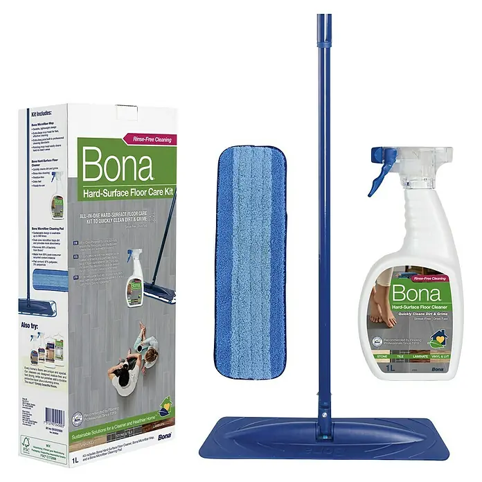 Bona Reinigungs-Set Laminat & Fliesen - 1 x Cleaner, 1 x Mop, 1 x Microfaser-Reinigungspad - Bona Hartbodenpflege-Set mit Sprühflasche, Mopp und Reinigungspad für die schnelle und gründliche Reinigung von Hartböden.
