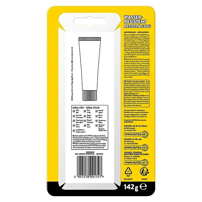 Pattex Kleben statt Bohren Montagekleber Wasserresistent - 142 g - Verpackungsbild der Pattex Kleben statt Bohren wasserfest Klebstofftube mit Anwendungsbereichen und Herstellerinformationen.
