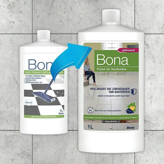 Bona Pflegemittel Stein, Fliesen & Laminat Polish - 1 l - Das Bild zeigt zwei Flaschen Bona Bodenreiniger. Einmal für Stein- und Fliesenböden und einmal für Hartböden.