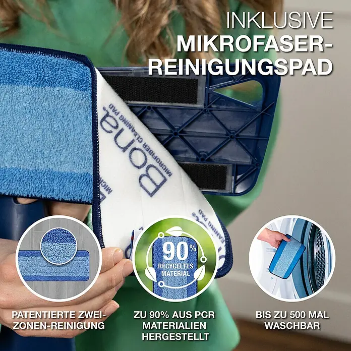 Bona Spray Mop Premium für Fliesen- und Laminatböden - Mikrofaser, 1 x Bona Spray Mop, 1 x Bona Spray Mop Refiller (Kartusche), 1 x Bona Mikrofaser-Reinigungspad - Das Bild zeigt einen Bona Mikrofaser-Reinigungspad, der zu 90% aus recycelten Materialien besteht und bis zu 500 Mal waschbar ist.