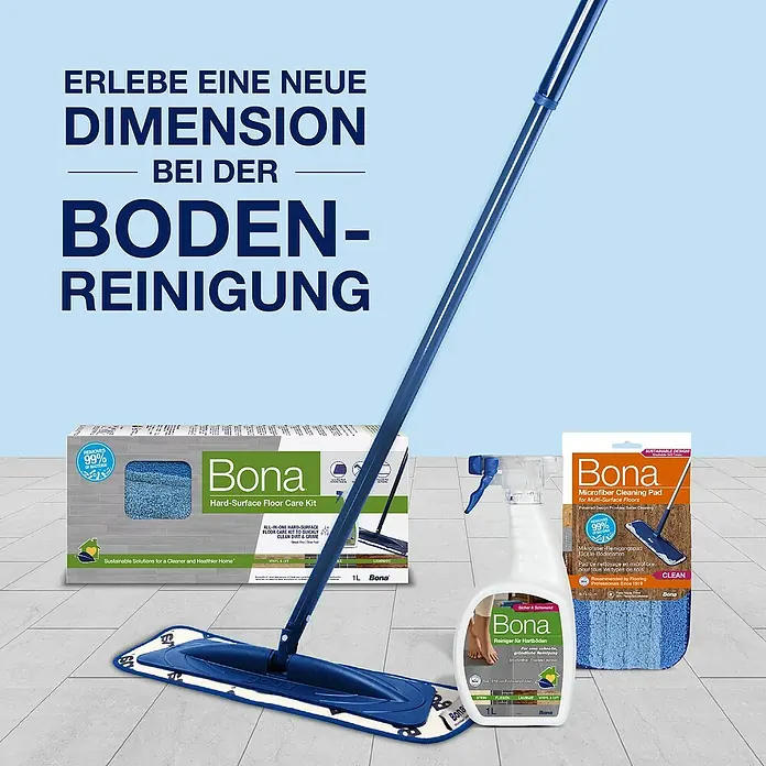 Bona Reinigungs-Set Laminat & Fliesen - 1 x Cleaner, 1 x Mop, 1 x Microfaser-Reinigungspad - Das Bild zeigt ein Bona Hartbodenpflege-Set mit Reiniger, Wischmopp und Reinigungspads für eine effektive Bodenreinigung.