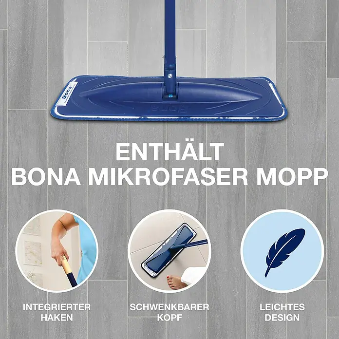 Bona Reinigungs-Set Laminat & Fliesen - 1 x Cleaner, 1 x Mop, 1 x Microfaser-Reinigungspad - Bona Mikrofaser Mopp: Enthält einen integrierten Haken, einen schwenkbaren Kopf und ein leichtes Design für eine einfache Reinigung.