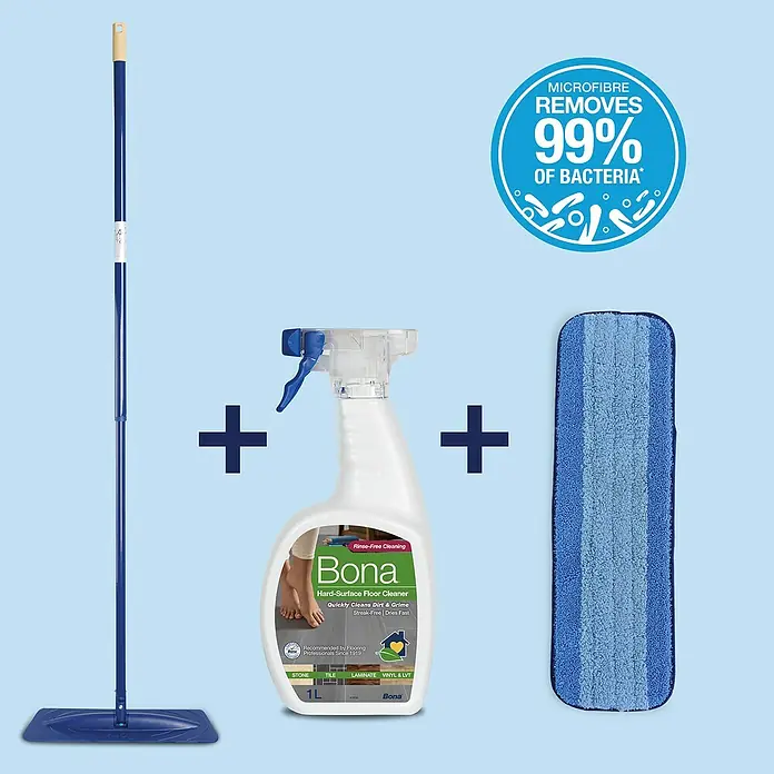Bona Reinigungs-Set Laminat & Fliesen - 1 x Cleaner, 1 x Mop, 1 x Microfaser-Reinigungspad - Bona Hartboden Reinigungsset mit Sprühflasche, Wischer und Mikrofaserpad für eine effektive und streifenfreie Reinigung aller Hartböden.