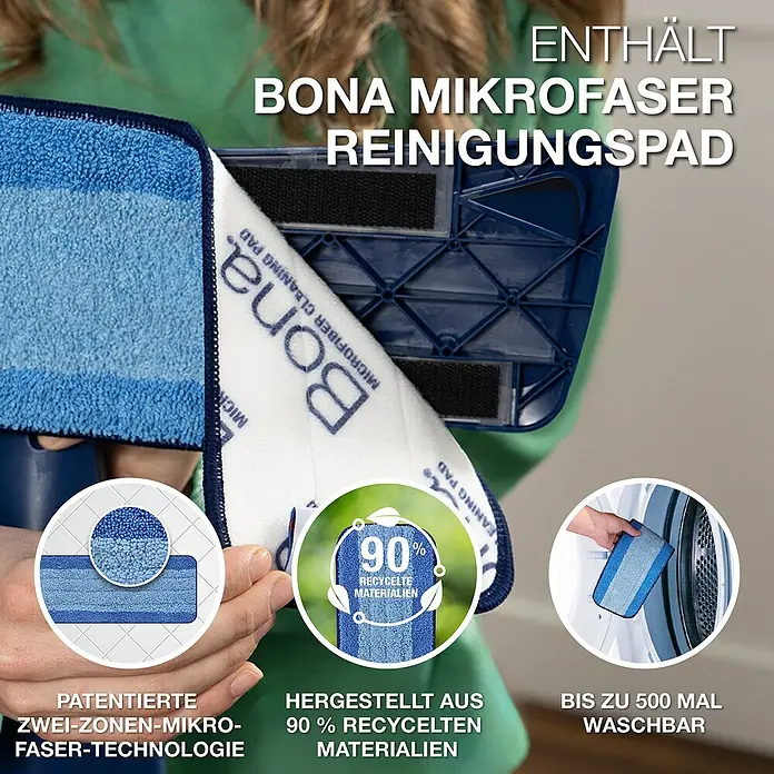 Bona Reinigungs-Set Laminat & Fliesen - 1 x Cleaner, 1 x Mop, 1 x Microfaser-Reinigungspad - Bona Mikrofaser Reinigungspad mit Dual-Zonen-Technologie und recycelten Materialien. Waschbar bis zu 500 Mal für eine lange Nutzungsdauer.