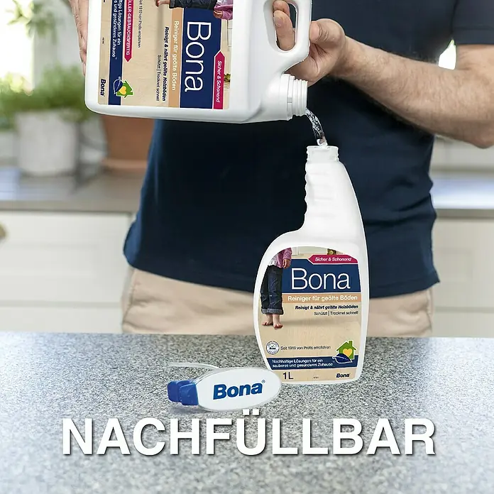Bona Bodenreiniger Reiniger für geölte Böden - 1 l, Flasche mit Sprühkopf - Nachfüllbarer Bona Reiniger für geölte Holzböden wird nachgefüllt. Sicher, schonend, reinigt und nährt. Für ein sauberes Zuhause.