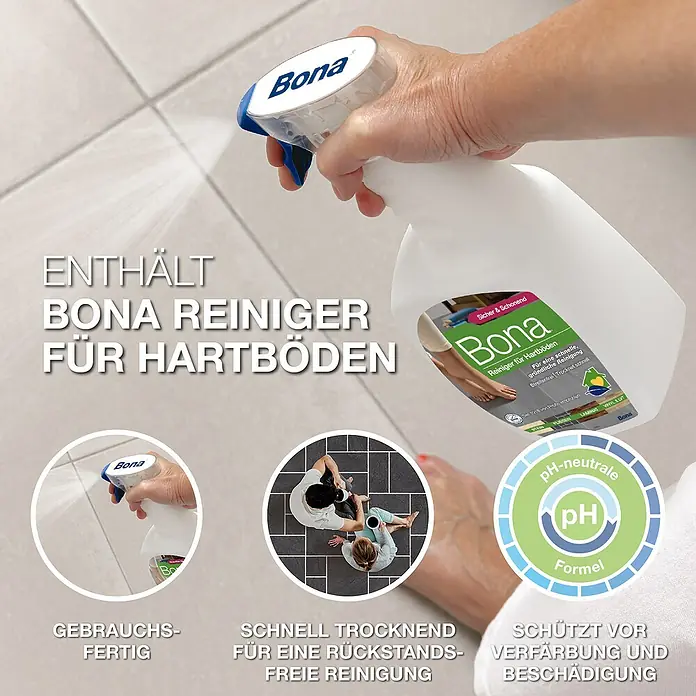 Bona Reinigungs-Set Laminat & Fliesen - 1 x Cleaner, 1 x Mop, 1 x Microfaser-Reinigungspad - Bild einer Bona Reiniger Flasche für Hartböden, die in eine Hand gehalten wird, zusammen mit Produktvorteilen.