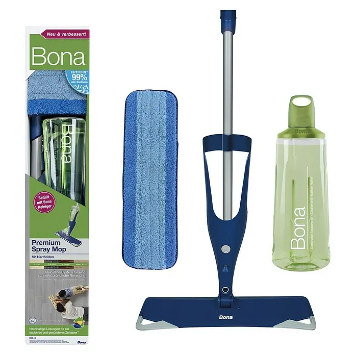 Bona Spray Mop Premium für Fliesen- und Laminatböden - Mikrofaser, 1 x Bona Spray Mop, 1 x Bona Spray Mop Refiller (Kartusche), 1 x Bona Mikrofaser-Reinigungspad - Das Bild zeigt einen Bona Premium Spray Mop für Hartböden, inklusive Reinigungsmittel und Mikrofaserpad.