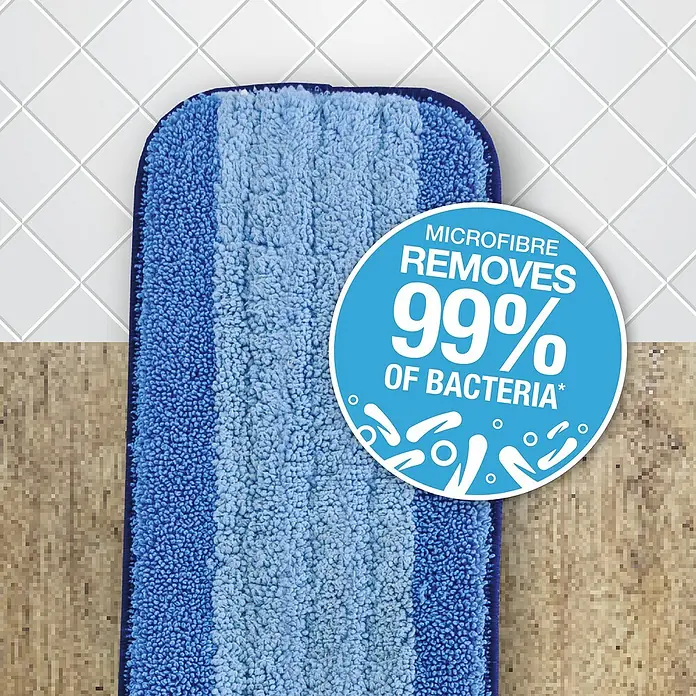 Bona Reinigungs-Set Laminat & Fliesen - 1 x Cleaner, 1 x Mop, 1 x Microfaser-Reinigungspad - Blauer Mikrofaser-Mopp, der laut Aufdruck 99 % der Bakterien entfernt, ideal für eine effektive und hygienische Reinigung von Böden.