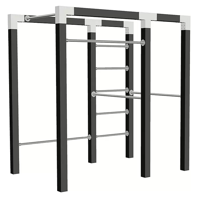 Klettergerüst - 210 x 138 x 220 cm, Holz, Schwarz RAL 9005 - Metall-Reckstange für Calisthenics mit dunkelgrauen Pfosten, hellgrauen Verbindern und silbernen Querstreben.