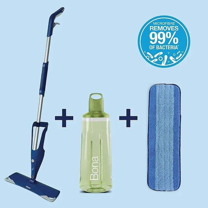 Bona Spray Mop Premium für Fliesen- und Laminatböden - Mikrofaser, 1 x Bona Spray Mop, 1 x Bona Spray Mop Refiller (Kartusche), 1 x Bona Mikrofaser-Reinigungspad - Bona Wischmopp-Set mit Reinigungsmittel und Mikrofaser-Reinigungspad für eine effektive und hygienische Reinigung von Hartböden.