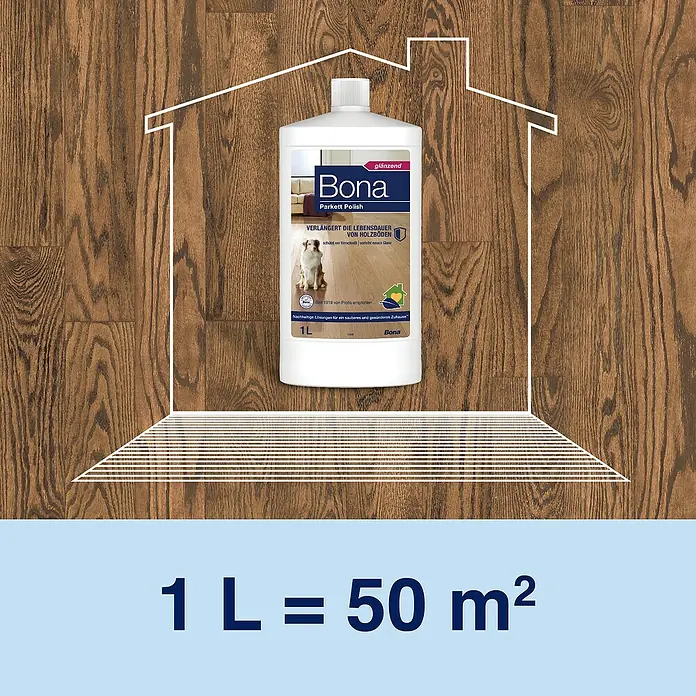 Bona Pflegemittel Parkett Polish - 1 l, Glänzend, Parkett - Bild einer Flasche Bona Parkett Polish, die für die Pflege und den Schutz von Holzböden entwickelt wurde.\n