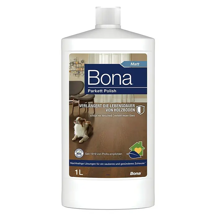 Bona Pflegemittel Parkett Polish - 1 l, Matt, Parkett - Eine Flasche Bona Parkett Polish Matt, ein Produkt zur Pflege und zum Schutz von Holzböden.