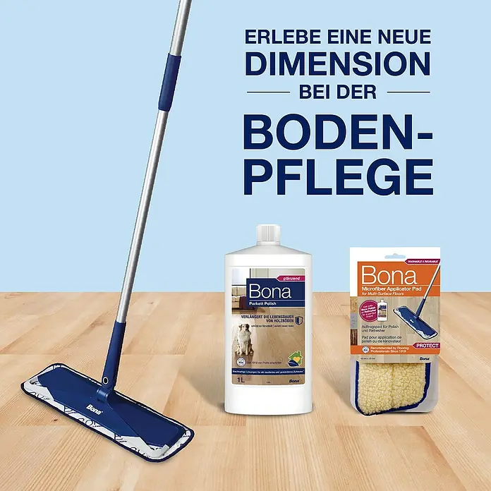 Bona Pflegemittel Parkett Polish - 1 l, Glänzend, Parkett - Bona Bodenpflege-Set mit Polish, Mikrofaser-Applikator und Wischmopp für die optimale Reinigung und Pflege von Holzböden.