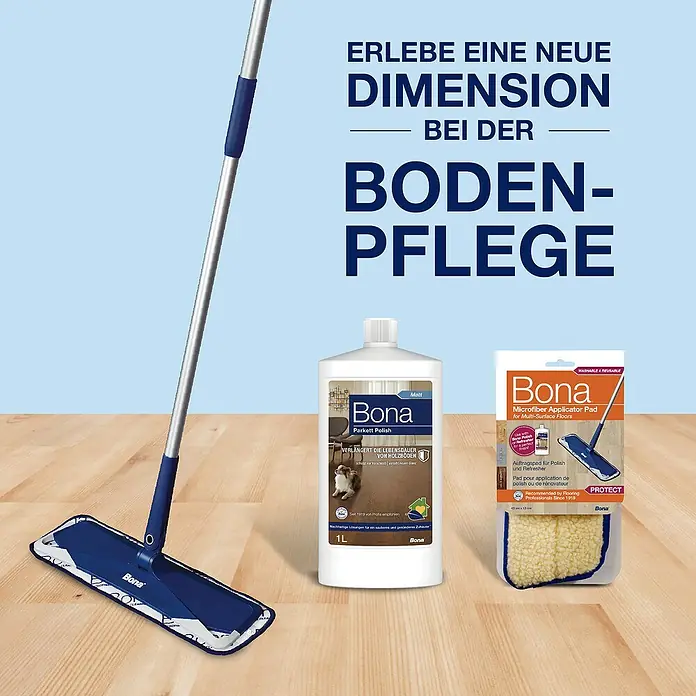 Bona Pflegemittel Parkett Polish - 1 l, Matt, Parkett - Bona Bodenpflege Produkte: Parkett Polish, Mikrofaser Auftrags-Pad und ein Mopp für die Bodenpflege.