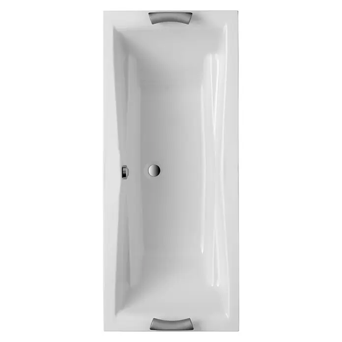 Ottofond NackenstützePassend für: Ottofond Badewanne Santos Duo, Silber - Draufsicht auf eine rechteckige, weisse Badewanne mit silberfarbenen Griffen und Abfluss. Das minimalistische Design strahlt Eleganz aus.