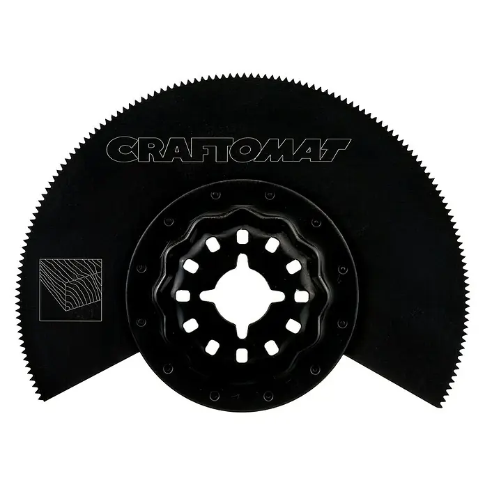 Craftomat Segmentsägeblatt - Durchmesser: 85 mm, Geeignet für: Holzwerkstoffe, STARLOCK-System - Nahaufnahme eines schwarzen oszillierenden Sägeblatts von Craftomat mit gezacktem Rand und runder Öffnung für Multifunktionswerkzeuge.