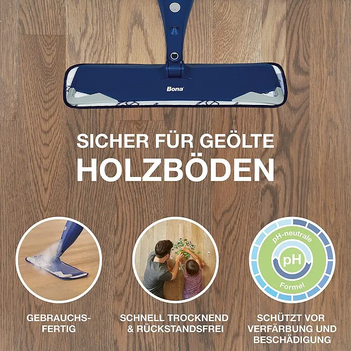 Bona Bodenreiniger Reiniger für geölte Böden - 2,5 l, Kanister - Das Bild zeigt einen Bona Wischmopp, der sicher für geölte Holzböden ist, schnell trocknet und vor Verfärbung schützt.