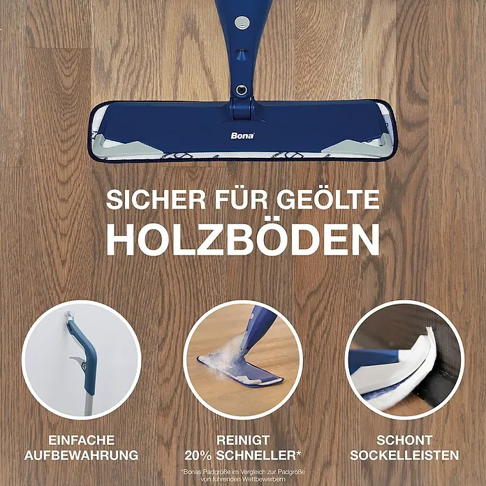 Bona Spray Mop Premium für geölte Holzfußböden - 1 x Spray Mop, 1 x nachfüllbare Kartusche mit 850 ml Reinigungsmittel, 1 x Microfaser-Reinigungspad - Nahaufnahme eines Bona-Holzfußbodenreinigungssets, das für geölte Holzböden geeignet ist. Es ist einfach zu verstauen und reinigt schnell.